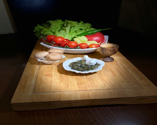 Fresh vegetables and healthy food composition on wooden table
